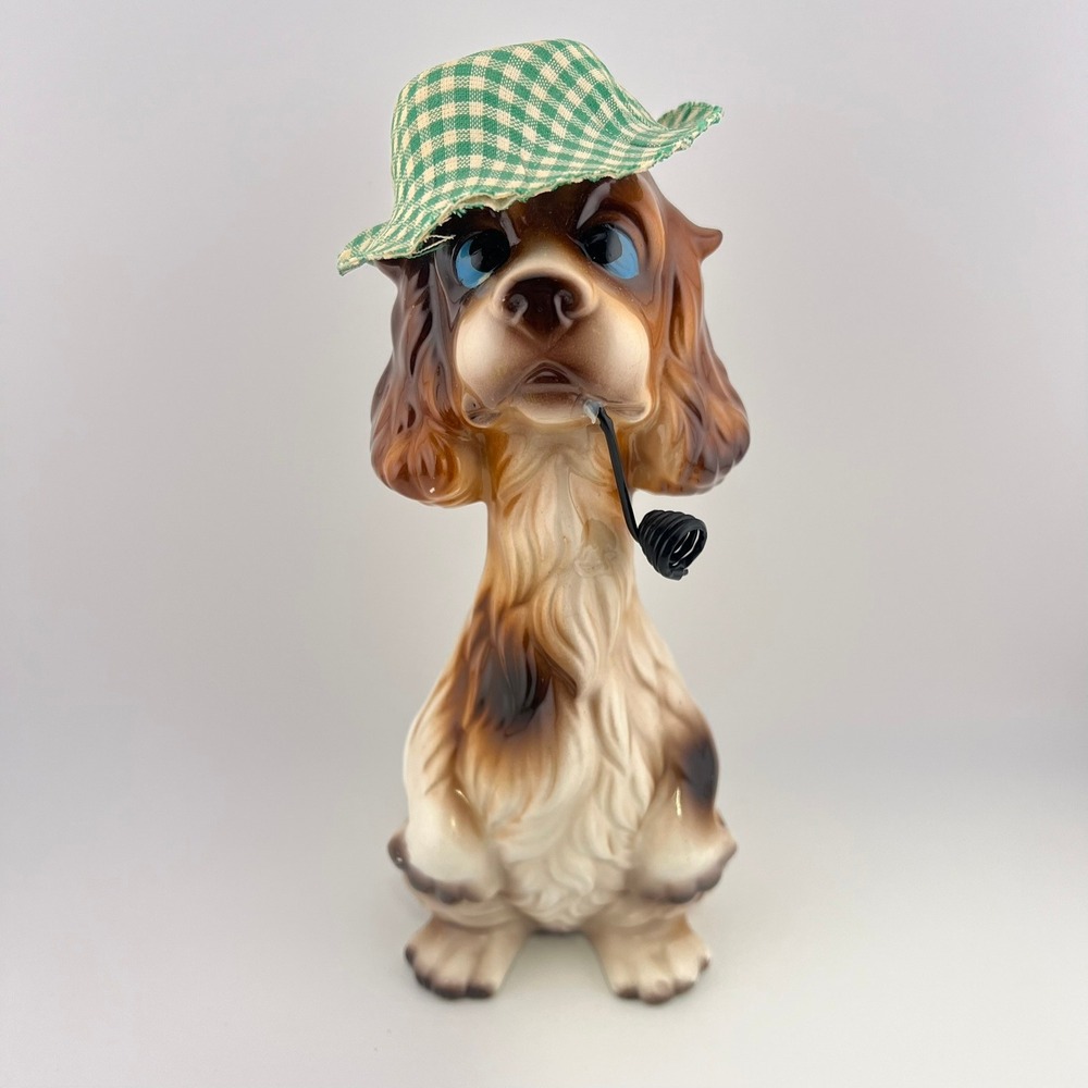 Vintage Big Eye Dog Figurine With Cloth Hat Pipe Kitsch Decor Puppy 7.50"